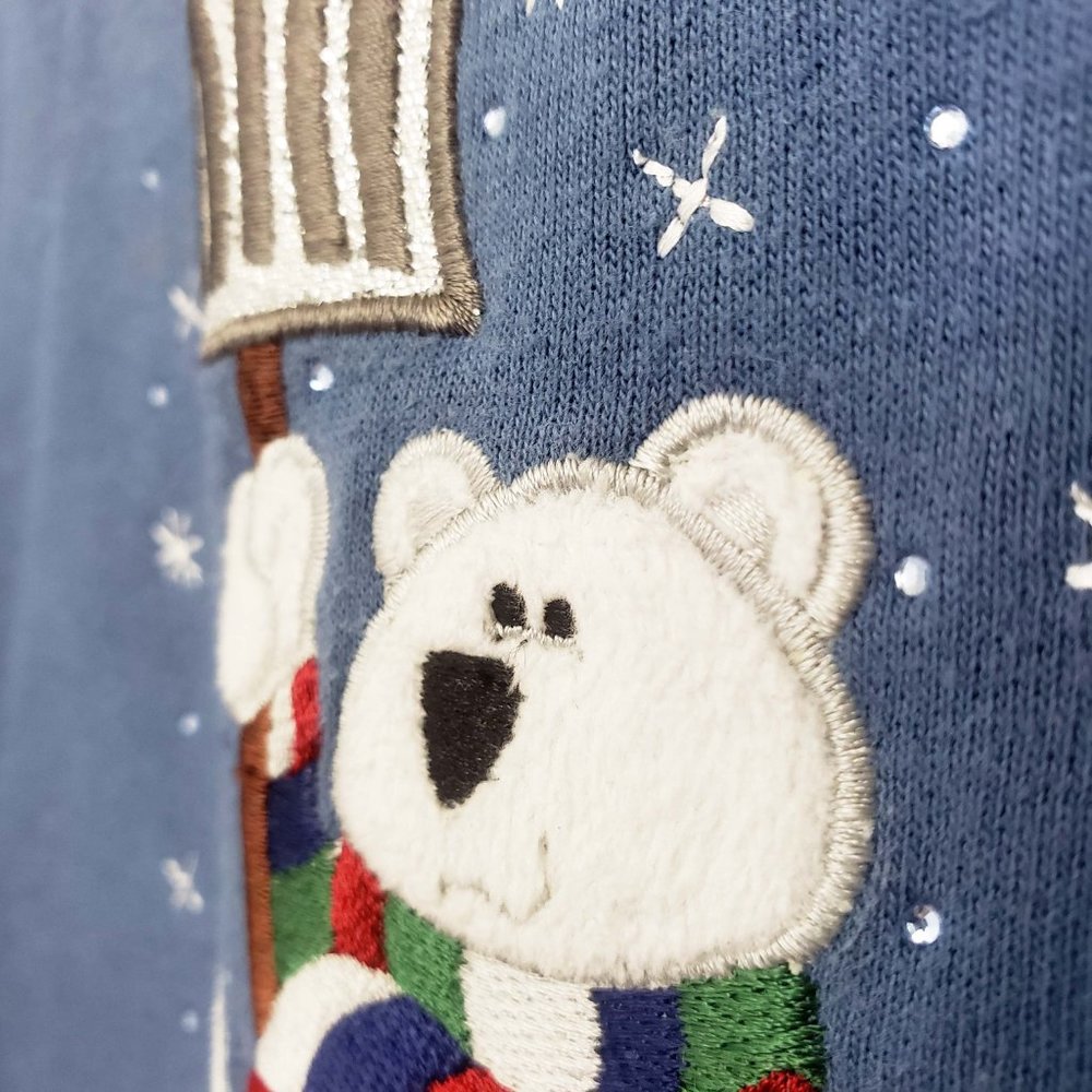 MC Sportswear Women's Slate Blue Embroidered Christmas Snow Happens Sweat Shirt - Picture 5 of 11